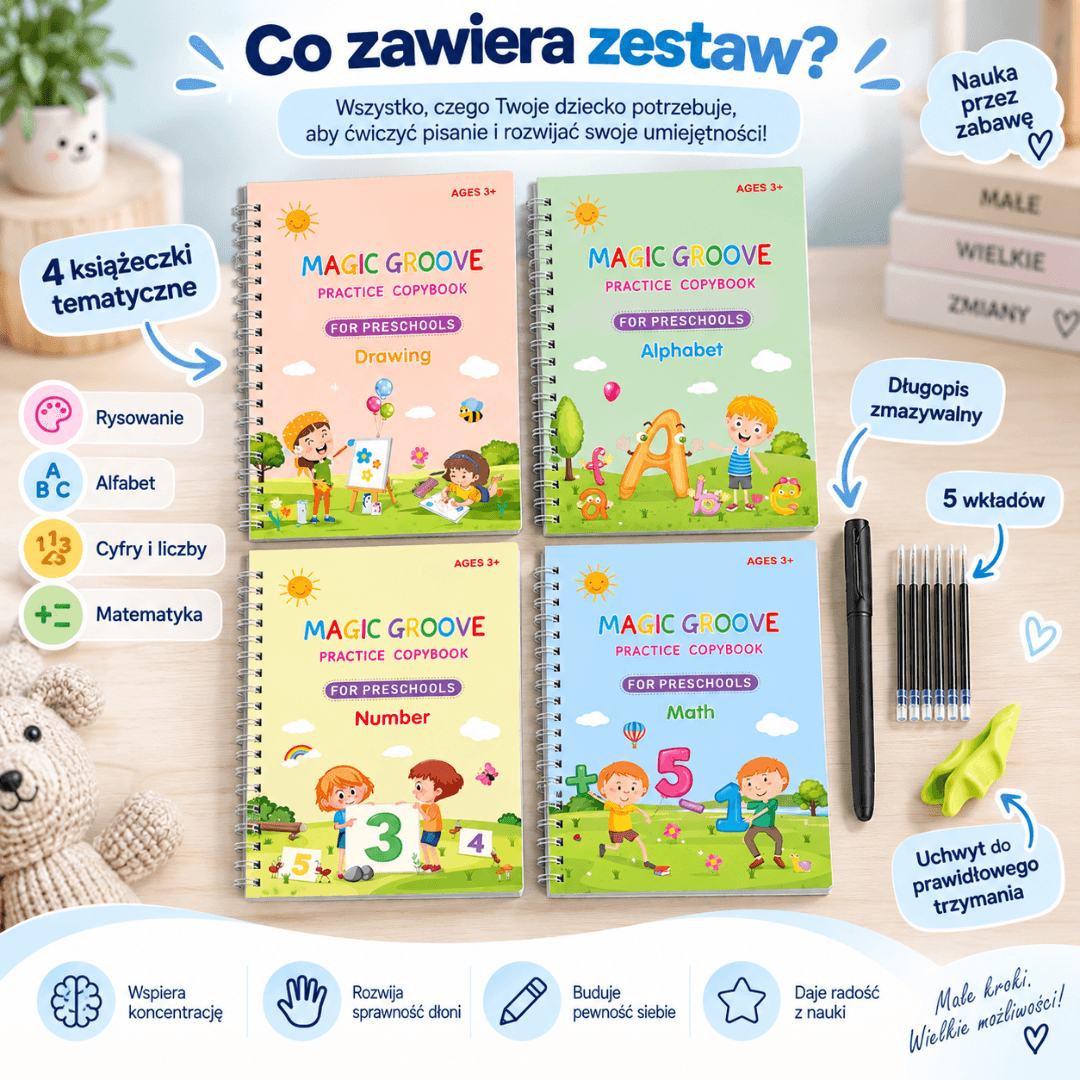 PiszŚmiało - zestaw 4 magiczne książeczki do nauki pisania + Magiczny długopis GRATIS!
