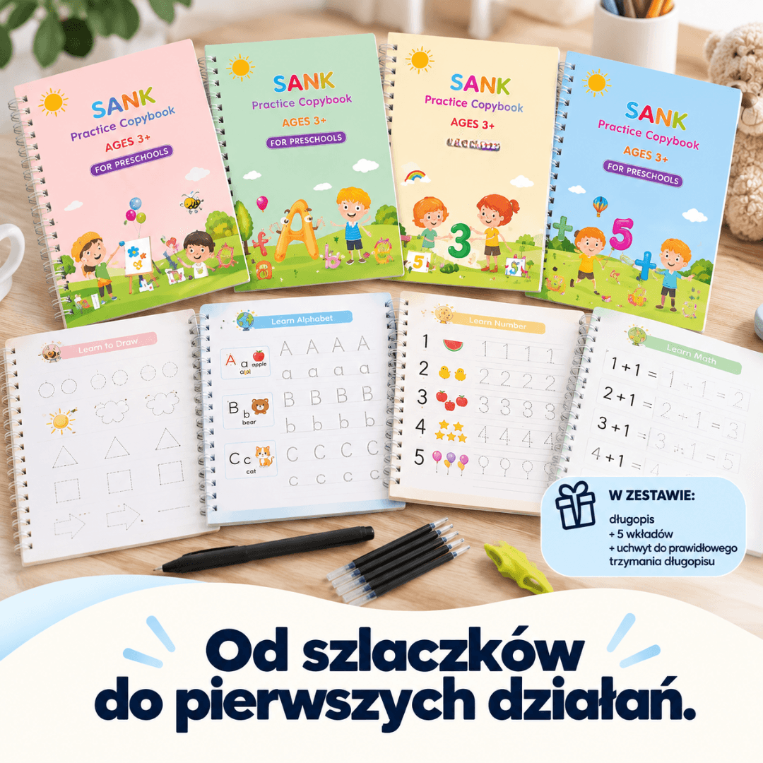 PiszŚmiało - zestaw 4 magiczne książeczki do nauki pisania + Magiczny długopis GRATIS!