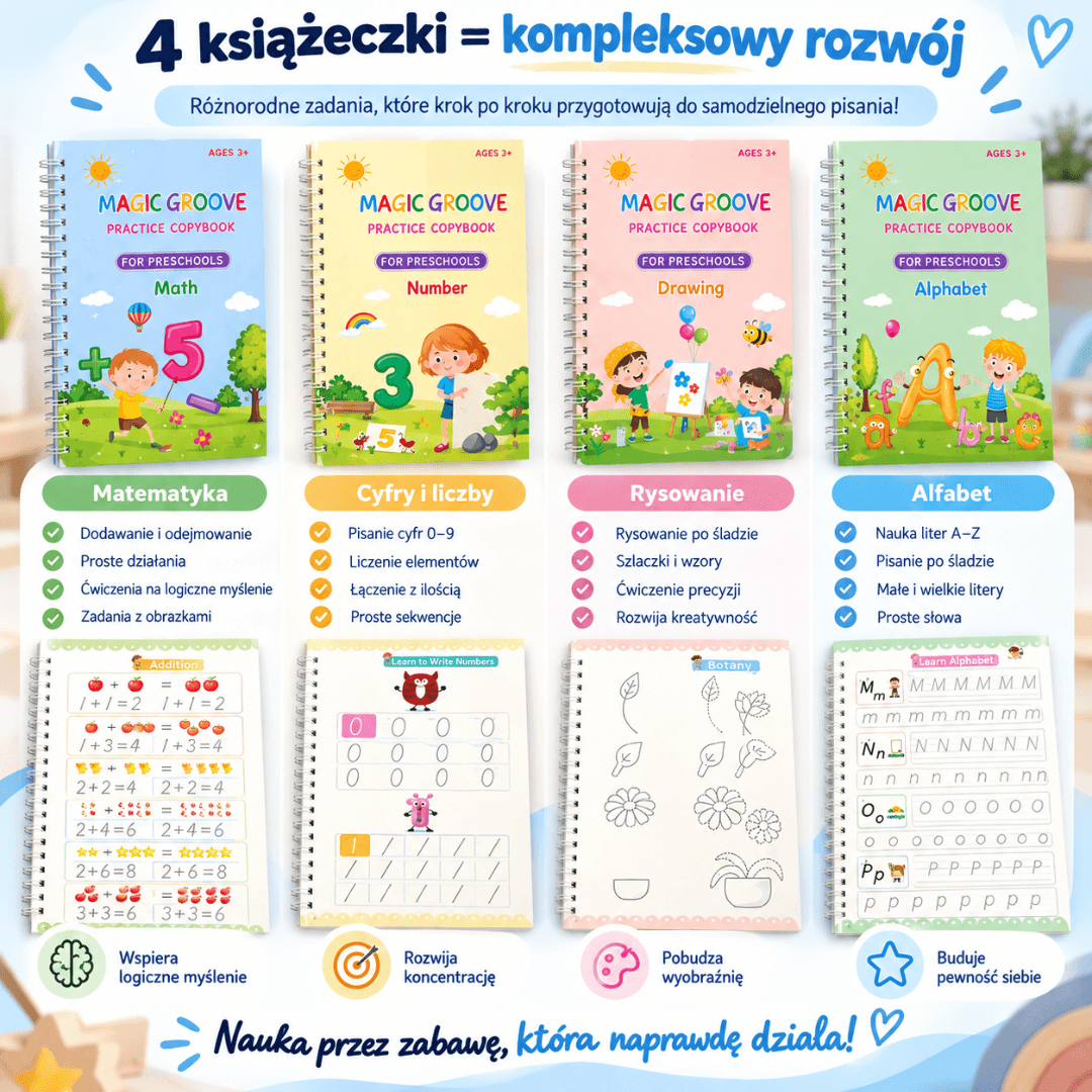 PiszŚmiało - zestaw 4 magiczne książeczki do nauki pisania + Magiczny długopis GRATIS!
