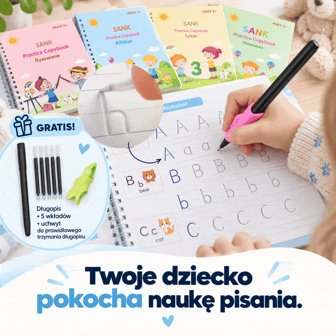 PiszŚmiało - zestaw 4 magiczne książeczki do nauki pisania + Magiczny długopis GRATIS!